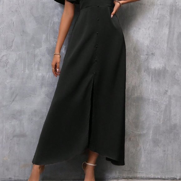 Black Preppy Womens Plunging Neck Butterfly Sleeve Split Thigh Satin Dress - Picture 5 of 5